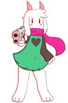  &gt;:3 &lt;3 anthro black_clothing blush bovid caprine chabooey clothing deltarune fur goat green_clothing gun hi_res horn male mammal pointing_gun_at_viewer ralsei ranged_weapon red_clothing scarf simple_background solo standing undertale_(series) video_games weapon white_background white_body white_fur 
