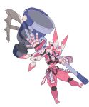  1girl absurdres blue_eyes breasts catball1994 chest_harness gloves hammer harness highres holding holding_weapon huge_weapon humanization large_breasts mecha_musume mechanical_hands mechanization nail no_humans no_mouth pink_armor pink_gloves pliers pokemon pokemon_(creature) pokemon_(game) pokemon_sv redesign sitting solo standing standing_on_one_leg tinkaton tools weapon white_background white_gloves 