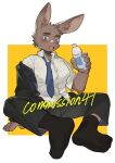  anthro blue_eyes bottle brown_body brown_fur clothed clothing dress_shirt fur hi_res holding_bottle holding_object inner_ear_fluff kemono lagomorph leporid male mammal milkytiger1145 necktie open_mouth plastic_bottle rabbit shirt solo topwear tuft 