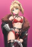  1girl bangs bare_shoulders belt blonde_hair bra braid breasts coat collar fate/apocrypha fate/grand_order fate_(series) french_braid fur_collar gauntlets gradient gradient_background green_eyes hand_on_hip harness head_tilt highres lace-trimmed_bra lace-trimmed_panties lace_trim long_hair looking_at_viewer mordred_(fate) mordred_(fate/apocrypha) navel panties parted_bangs pink_background ponytail sidelocks small_breasts smile solo sword thigh_belt thigh_strap thighhighs tonee underwear weapon 