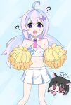 2girls ? alternate_costume animal_ears aqua_background bangs black_hair blue_archive breasts cat_ears cat_girl cheerleader chibi chibi_inset cleavage collarbone commentary_request confused cosplay detached_collar hair_between_eyes hair_ornament hairclip halo hibiki_(blue_archive) hibiki_(blue_archive)_(cosplay) hibiki_(cheerleader)_(blue_archive) highres holding holding_pom_poms kazusa_(blue_archive) long_hair looking_at_viewer low_twintails multicolored_hair multiple_girls navel necktie nirato_shungiku pink_hair pom_pom_(cheerleading) purple_eyes purple_hair red_eyes reisa_(blue_archive) short_hair sidelocks sleeveless solo_focus star_(symbol) star_hair_ornament stomach streaked_hair sweatdrop twintails two-tone_hair 