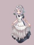  1girl apron apron_hold blue_dress blue_eyes bow breasts closed_mouth dress green_bow grey_background grey_hair hair_between_eyes hair_bow highres izayoi_sakuya maid maid_apron maid_headdress medium_hair one-hour_drawing_challenge petarikooo puffy_short_sleeves puffy_sleeves short_sleeves simple_background small_breasts solo touhou white_apron 