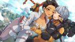  2girls absurdres animification apex_legends armor blurry blurry_background braid breastplate breasts brown_eyes cheek-to-cheek cleavage collarbone couple cropped_jacket dark-skinned_female dark_skin eyeshadow feathers gloves grey_hair grey_jacket grey_shirt hair_behind_ear heads_together highres holding_hands jacket jetpack leaning_forward loba_(apex_legends) long_hair looking_to_the_side makeup medium_breasts miniskirt multicolored_hair multiple_girls olympus_(apex_legends) one_eye_closed open_mouth orange_gloves outdoors pants red_eyeshadow red_gloves red_hair shirt short_hair skirt smile strapless strapless_shirt twin_braids two-tone_hair valkyrie_(apex_legends) wano_(azayakam) white_pants white_skirt yuri 