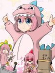  1girl animal_costume blue_eyes bocchi_the_rock! box cardboard_box cosplay cube_hair_ornament dragon_costume gotou_hitori hair_between_eyes hair_ornament hat highres jacket kigurumi long_hair multiple_persona one_side_up party_hat party_popper pink_hair pink_jacket rurushu_ki_san solo sunglasses track_jacket 