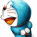  1:1 2016 anthro blue_body blue_fur collar domestic_cat doraemon doraemon_(character) felid feline felis fur hands_behind_back looking_at_viewer machine male mammal mt_tg open_mouth rear_view red_collar red_nose robot shaded simple_background solo standing tongue whiskers white_background white_body white_fur 