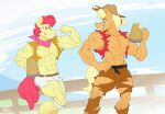  2021 4k abs absurd_res anthro apple_bloom_(mlp) applejack_(mlp) artist_name athletic athletic_anthro athletic_male biceps blonde_hair brother brothers cider clothed clothing cowboy_hat crossgender detailed_background digital_drawing_(artwork) digital_media_(artwork) duo earth_pony equid equine fence fingers flexing flexing_bicep fluffy fluffy_tail freckles friendship_is_magic ftm_crossgender fur green_eyes grin hair hand_on_hip hand_on_own_hip hasbro hat headgear headwear hi_res himbo himbofication horse implied_gender_transformation implied_transformation male mammal mug muscular muscular_anthro muscular_male muscular_thighs my_little_pony open_mouth orange_body orange_eyes orange_fur outside partial_nudity pecs pony ponyanony red_hair red_tail short_hair sibling signature smile teeth topless topless_anthro topless_male torn_clothing yellow_body yellow_fur yellow_tail 