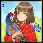  1girl animal bird bird_request border brown_hair bush commentary english_commentary flock hair_bobbles hair_ornament highres holding holding_animal holding_bird japanese_clothes kanji kimono looking_at_viewer medium_hair mixed-language_commentary original outdoors oyari_ashito print_kimono red_kimono sketch sky smile translated twitter_username two_side_up yellow_eyes 