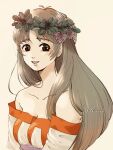 1girl arc_the_lad arc_the_lad_ii bare_shoulders breasts brown_eyes brown_hair cleavage collarbone congratulations dress head_wreath lieza_(arc_the_lad) long_hair looking_at_viewer marusa_(marugorikun) open_mouth simple_background smile solo very_long_hair 