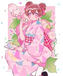  1girl bangs blush brown_hair delicious_party_precure double_bun food hair_bun japanese_clothes kimono kiocotton kome-kome_(precure) leaf nagomi_yui pink_kimono pink_nails precure purple_eyes sitting smile solo watch wristwatch 