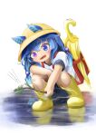  1girl absurdres aged_down animal_ears aqua_hair backpack bag bandaid bandaid_on_knee bandaid_on_leg bangs blue_eyes blue_hair blue_shorts boots child closed_umbrella commentary female_child gradient_hair hair_bobbles hair_ornament hair_tie hat heterochromia highres holding holding_stick horse_girl long_hair multicolored_hair open_mouth puddle purple_eyes randoseru reflection ricca_miz rubber_boots school_hat sharp_teeth shirt short_sleeves shorts signature simple_background smile snail solo speed_lines squatting stick t-shirt teeth translated twin_turbo_(umamusume) umamusume umbrella water white_background white_shirt yellow_footwear yellow_headwear yellow_umbrella 