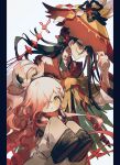  2boys autumn_leaves black_hair cape cherry_blossoms commentary flower ghost_pose gradient_hair hair_flower hair_ornament hat hibi89 highres hisuian_decidueye hisuian_zoroark long_hair looking_at_viewer male_focus multicolored_hair multiple_boys personification pokemon red_hair rice_hat round_eyewear shide simple_background sleeves_past_fingers sleeves_past_wrists symbol-only_commentary very_long_hair white_background white_hair yellow_cape yellow_eyes 