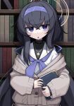  1girl bangs black_hair blue_archive blurry book bookshelf commentary_request depth_of_field eyes_visible_through_hair hair_between_eyes hairband highres holding holding_book jewelry long_hair long_sleeves looking_at_viewer low_twintails necklace nirato_shungiku parted_lips pleated_skirt purple_eyes ribbed_sweater school_uniform serafuku sidelocks skirt solo sweatdrop sweater turtleneck turtleneck_sweater twintails ui_(blue_archive) 