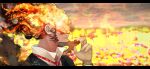  1boy adisunata13 blurry burning chandra_hume_(choujin_x) choujin_x collared_shirt covered_eyes facing_to_the_side fiery_hair fire formal highres necktie popped_collar pyrokinesis red_necktie shirt short_hair sideburns smile smoke smoke_choujin solo suit white_shirt 