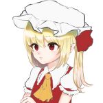  1girl ascot blonde_hair closed_mouth collared_shirt crossed_arms flandre_scarlet frilled_shirt_collar frilled_sleeves frills hair_between_eyes hat highres medium_hair mob_cap one-hour_drawing_challenge petarikooo pointy_ears puffy_short_sleeves puffy_sleeves red_eyes red_vest shiny shiny_hair shirt short_sleeves simple_background solo touhou upper_body vest white_background white_headwear white_shirt yellow_ascot 