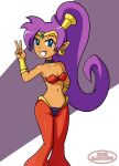  accessory blue_eyes bottomwear bra breasts clothing crown donmarcino ear_piercing ear_ring female front_view genie gesture hair hand_behind_back hi_res humanoid humanoid_pointy_ears long_hair looking_at_viewer navel not_furry pants piercing ponytail purple_hair ring_piercing shantae shantae_(series) simple_background smile solo tan_body tiara underwear v_sign video_games watermark wayforward 