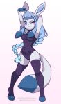  anthro blue_body blue_hair braided_hair breasts clothed clothing coffeechicken eeveelution fangs female generation_4_pokemon glaceon hair hi_res legwear long_hair looking_at_viewer nintendo one_eye_closed paws pokemon pokemon_(species) pokemorph purple_eyes simple_background solo standing stockings stretching sweater thigh_highs toeless_legwear toeless_stockings topwear video_games white_body 