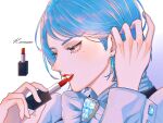  1girl ace_attorney applying_makeup ascot blue_hair earrings franziska_von_karma gem grey_eyes highres jewelry lata_(1_j_y0) lipstick long_sleeves makeup mole mole_under_eye open_mouth portrait short_hair simple_background smile solo sparkle white_background 