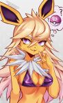  anthro blonde_hair bra breasts clothing coffeechicken eeveelution electricity female fur generation_1_pokemon hair hi_res inner_boob jolteon long_hair looking_aside navel nintendo open_mouth pokeball pokemon pokemon_(species) pokemorph portrait purple_eyes side_boob simple_background smile solo sparks standing thinking underwear video_games white_body white_fur yellow_body yellow_fur 