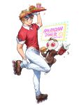  1boy 1other alien america_(hetalia) america_(hetalia)_(cosplay) axis_powers_hetalia blonde_hair blue_eyes burger collar collared_shirt cosplay cup disposable_cup fast_food food french_fries glasses hat highres ketchup looking_at_viewer male_focus open_mouth pants red_headwear red_shirt roller_skates shirt skates smile soda to@st tony_(hetalia) visor_cap waiter white_collar white_pants 