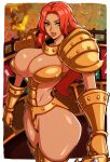  1girl absurdres alecto_0 armor ass baccarat_(one_piece) breasts cleavage crescent crescent_earrings dark-skinned_female dark_skin earrings gold_armor green_eyes highres holding holding_sword holding_weapon jewelry large_breasts light_smile looking_at_viewer one_piece one_piece_film:_gold red_hair shoulder_armor solo sword weapon 