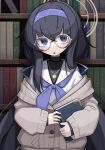  1girl bangs black_hair blue_archive blurry book bookshelf commentary_request depth_of_field eyes_visible_through_hair glasses hair_between_eyes hairband highres holding holding_book jewelry long_hair long_sleeves looking_at_viewer low_twintails necklace nirato_shungiku parted_lips pleated_skirt purple_eyes ribbed_sweater round_eyewear school_uniform serafuku sidelocks skirt solo sweatdrop sweater turtleneck turtleneck_sweater twintails ui_(blue_archive) 