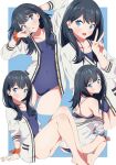  1girl arm_support bare_legs barefoot black_hair blue_background blue_eyes blue_one-piece_swimsuit blush breasts cardigan cropped_legs framed gridman_universe highres long_hair looking_at_viewer multiple_views one-piece_swimsuit open_cardigan open_clothes orange_scrunchie school_swimsuit scrunchie sho_(shoshos_8888) small_breasts solo ssss.gridman swimsuit swimsuit_under_clothes takarada_rikka thighs v white_cardigan wrist_scrunchie 