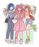  3girls aqua_eyes backpack bag bangs blue_hair blue_scarf blush bow bow_earrings brown_hair collared_dress delicious_party_precure denim denim_shorts dress earrings full_body fuwa_kokone hair_ornament hair_rings hairclip hanamichi_ran jeans jewelry kiocotton kome-kome_(precure) mem-mem_(precure) multiple_girls nagomi_yui necklace orange_hair pam-pam_(precure) pants pink_dress plaid plaid_dress precure purple_eyes red_eyes scarf shoes short_hair shorts shoulder_bag sleeveless smile sneakers socks sorbet_(food) white_footwear 