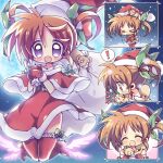  ! 1girl ^^^ animal animal_around_neck animal_on_head animal_on_shoulder bow_legwear brown_hair capelet christmas closed_eyes dress ferret floating foot_worship hair_ribbon hat holding holding_animal holding_sack kiba_yaeba lace-trimmed_thighhighs legs_up looking_at_viewer lyrical_nanoha mahou_shoujo_lyrical_nanoha medium_dress night notice_lines on_head open_mouth outdoors outside_border over_shoulder purple_eyes red_capelet red_dress red_headwear red_mittens red_thighhighs ribbon sack santa_dress santa_hat sky smile snowing spoken_exclamation_mark star_(sky) starry_sky takamachi_nanoha thighhighs trembling twintails yuuno_scrya 