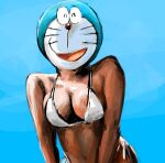  2016 album_cover aphex_twin blue_background blue_body blue_fur bra breasts cleavage clothed clothing cover doraemon doraemon_(character) eyes_closed front_view fur hybrid mt_tg navel open_mouth red_nose shaded simple_background solo standing tongue underwear whiskers white_body white_fur windowlicker_(album) 