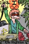  anthro cables card chemistry clothed clothing dinosaur dromaeosaurid english_text eyewear glasses goodbye_volcano_high hair male pink_body pink_hair reed_(gvh) reptile scalie snoot_game_(fan_game) solo stillzero tarot_card text theropod velociraptor video_games 