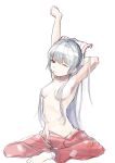  1girl absurdres arm_behind_head arm_up bow breasts closed_mouth fujiwara_no_mokou full_body grey_hair hair_bow highres long_hair looking_at_viewer medium_breasts navel no_shirt one-hour_drawing_challenge one_eye_closed pants petarikooo red_eyes red_pants ribs simple_background sitting solo stretching touhou very_long_hair white_background white_bow 