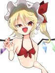 bikini blonde_hair breasts collarbone cropped_torso fang fingernails flandre_scarlet hair_between_eyes hat hat_ribbon highres looking_at_viewer medium_hair mob_cap multicolored_wings nail_polish open_mouth petarikooo red_bikini red_eyes red_nails red_ribbon ribbon sharp_fingernails side_ponytail simple_background skinny small_breasts swimsuit touhou upper_body white_background white_headwear wings 