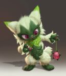  ambiguous_gender anthro chibi claws floragato fluffy fur glistening glistening_eyes green_body green_fur holding_object holding_toy looking_at_object nintendo paws pink_body pink_eyes pokemon pokemon_(species) silverfox5213 simple_background smile solo standing toy video_games whiskers yo-yo 