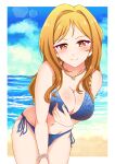  1girl absurdres beach bikini blonde_hair blue_bikini blush border bracelet braid breasts cleavage cloud groin hand_on_own_chest highres idolmaster idolmaster_million_live! idolmaster_million_live!_theater_days jewelry johnshinjiro leaning_forward looking_at_viewer medium_breasts momose_rio multiple_braids navel necklace ocean orange_eyes outside_border pearl_bracelet side-tie_bikini_bottom smile solo swimsuit thighs water white_border 