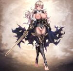  1girl absurdres akina_t armor armored_dress ascot bangs bar_censor black_dress black_gloves black_hairband black_pantyhose blonde_hair breasts breasts_out censored closed_mouth commentary_request commission corrin_(fire_emblem) corrin_(fire_emblem)_(female) crotch_cutout dress feet fire_emblem fire_emblem_fates fire_emblem_heroes full_body gem gloves gold_trim green_gemstone hair_between_eyes hairband highres holding holding_sword holding_weapon large_breasts legs long_hair looking_at_viewer nipples no_shoes official_alternate_costume pantyhose pointy_ears red_eyes revealing_clothes skeb_commission smile solo stirrup_legwear sword toeless_legwear toes torn_clothes torn_dress vambraces weapon white_ascot 