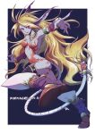  1girl animal_ears armpits blonde_hair blue_skin breasts breath_of_fire breath_of_fire_ii cat_ears cat_tail colored_skin dated earrings full_body highres jewelry long_hair looking_at_viewer maruno open_mouth pointy_ears purple_skin rinpoo_chuan smile solo tail 