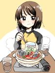  1girl bangs black_shirt blush bowl brown_eyes brown_hair cabbage chopsticks commentary cup drinking_glass eating hair_strand holding holding_bowl holding_chopsticks hotpot long_sleeves looking_at_viewer mushroom muzukite nakahara_misaki nhk_ni_youkoso! onion portable_stove pov pov_dating raglan_sleeves shirt solo steam sweatdrop swept_bangs table two-tone_background two-tone_shirt upper_body v-shaped_eyebrows white_background yellow_background yellow_shirt 