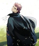  1boy black_cape cape closed_mouth commentary_request falling_leaves grey_eyes hand_on_hip lance_(pokemon) leaf long_sleeves male_focus pants pokemon pokemon_(game) pokemon_hgss red_hair short_hair signature smile solo spiked_hair standing y_(036_yng) 