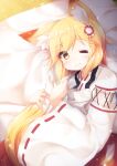  1girl animal_ear_fluff animal_ears blonde_hair closed_mouth fox_ears fox_girl fox_tail hair_ornament japanese_clothes kimono long_hair looking_at_another one_eye_closed senko_(sewayaki_kitsune_no_senko-san) sewayaki_kitsune_no_senko-san smile tail torii_(kedamatori) white_kimono yellow_eyes 