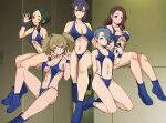  6+girls absurdres blue_hair boots braid breasts brown_eyes brown_hair cleavage collarbone cosplay expressionless fingerless_gloves gloves green_eyes green_hair grin gundam gundam_suisei_no_majo hair_over_one_eye hand_on_another&#039;s_shoulder haruhisky henao_jazz highres holding holding_phone ireesha_plato light_brown_hair long_hair looking_at_viewer maisie_may medium_breasts multiple_girls navel neneka_nibrou neneka_nibrou_(cosplay) one_eye_closed open_mouth phone purple_eyes purple_hair renee_costa sabina_fardin shoes slingshot_swimsuit small_breasts smile swimsuit victory_gundam yellow_eyes 