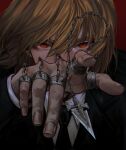  1boy bishounen black_necktie blonde_hair chain commentary english_commentary fantasy fingernails hair_between_eyes hand_up highres hunter_x_hunter incoming_attack jewelry jkipundi kurapika long_sleeves looking_at_viewer male_focus necktie red_background red_eyes ring shirt short_hair simple_background solo white_shirt 