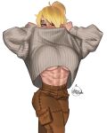  1girl abs blonde_hair blue_eyes breasts clothes_lift covered_mouth dabomdidangdigi heterochromia highres large_breasts muscular muscular_female original red_eyes scar scar_on_face shirt_lift signature solo sweater toned turtleneck turtleneck_sweater underboob white_background 