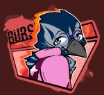  aliasing anthro avian beak blue_body blue_feathers catjam_(artist) clothing english_text eyewear feathers gameplay_mechanics glasses grey_body grey_feathers icon jacket low_res male meter solo text topwear user_interface 