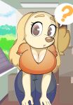  absurd_res aggressive_retsuko anthro big_breasts bottomwear breasts canid canine canis cleavage clothed clothing denim denim_clothing domestic_dog female hi_res hunting_dog inui_(aggressive_retsuko) jeans leaning leaning_forward looking_at_viewer mammal onibi pants question_mark sanrio sighthound solo 