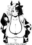  1girl absurdres animal_ears animal_print breasts cleavage cow_ears cow_horns cow_print frilled_shorts frills haori highres himajin_noizu horns huge_breasts japanese_clothes leaning_forward looking_at_viewer monochrome multicolored_hair short_hair shorts simple_background solo split-color_hair statue teeth touhou ushizaki_urumi 