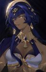  1girl ankh blue_eyes blue_hair breasts candace_(genshin_impact) cleavage commentary dark-skinned_female dark_skin egyptian_clothes english_commentary expressionless eye_of_horus forehead_jewel genshin_impact glint gold gold_trim hair_intakes hair_ornament heterochromia highres jewelry lips looking_at_viewer medium_breasts neck_ring parted_lips roru_(lol_dessin) short_hair_with_long_locks sidelocks signature solo upper_body yellow_eyes 