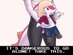  5_fingers anthro blonde_hair breasts clothing deadassspider dinosaur english_text female fingers goodbye_volcano_high hadrosaurid hair holding_object holding_plushie i_wani_hug_that_gator it&#039;s_dangerous_to_go_alone meme mia_(iwhtg) naomi_(gvh) orange_body ornithischian parasaurolophus pink_body plushie reptile scalie shirt simple_background snoot_game_(fan_game) solo spikes spikes_(anatomy) standing text topwear torn_clothing 