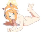  1girl alternate_costume animal_ear_fluff animal_ears bare_arms bare_legs bare_shoulders barefoot bikini blue_archive blue_eyes blush butt_crack closed_mouth collarbone feet flat_chest fox_ears halo headband highres long_hair looking_at_viewer lying mari_(blue_archive) micro_bikini on_stomach orange_hair revision shin_(shincrz) simple_background smile solo string_bikini swimsuit the_pose toes white_background white_bikini 