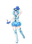  1girl :d arm_up blue_bloomers blue_hair blue_headwear blue_mittens blush boots coat dragon_providence full_body holding holding_stick knee_boots looking_at_viewer official_art short_hair smile snome_(dragon_providence) solo standing stick third-party_source white_coat white_footwear 