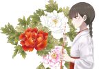  1girl arrow_(projectile) bangs black_eyes black_hair braid chiyoka flower from_side hair_behind_ear hakama holding holding_arrow japanese_clothes leaf looking_ahead miko nengajou new_year pink_flower profile rdg_red_data_girl red_flower simple_background sleeves_past_elbows solo suzuhara_izumiko white_background white_flower wide_sleeves 